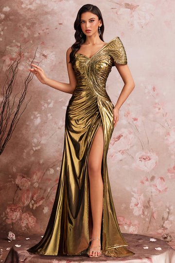 One Shoulder Mermaid Satin Golden Evening Dress